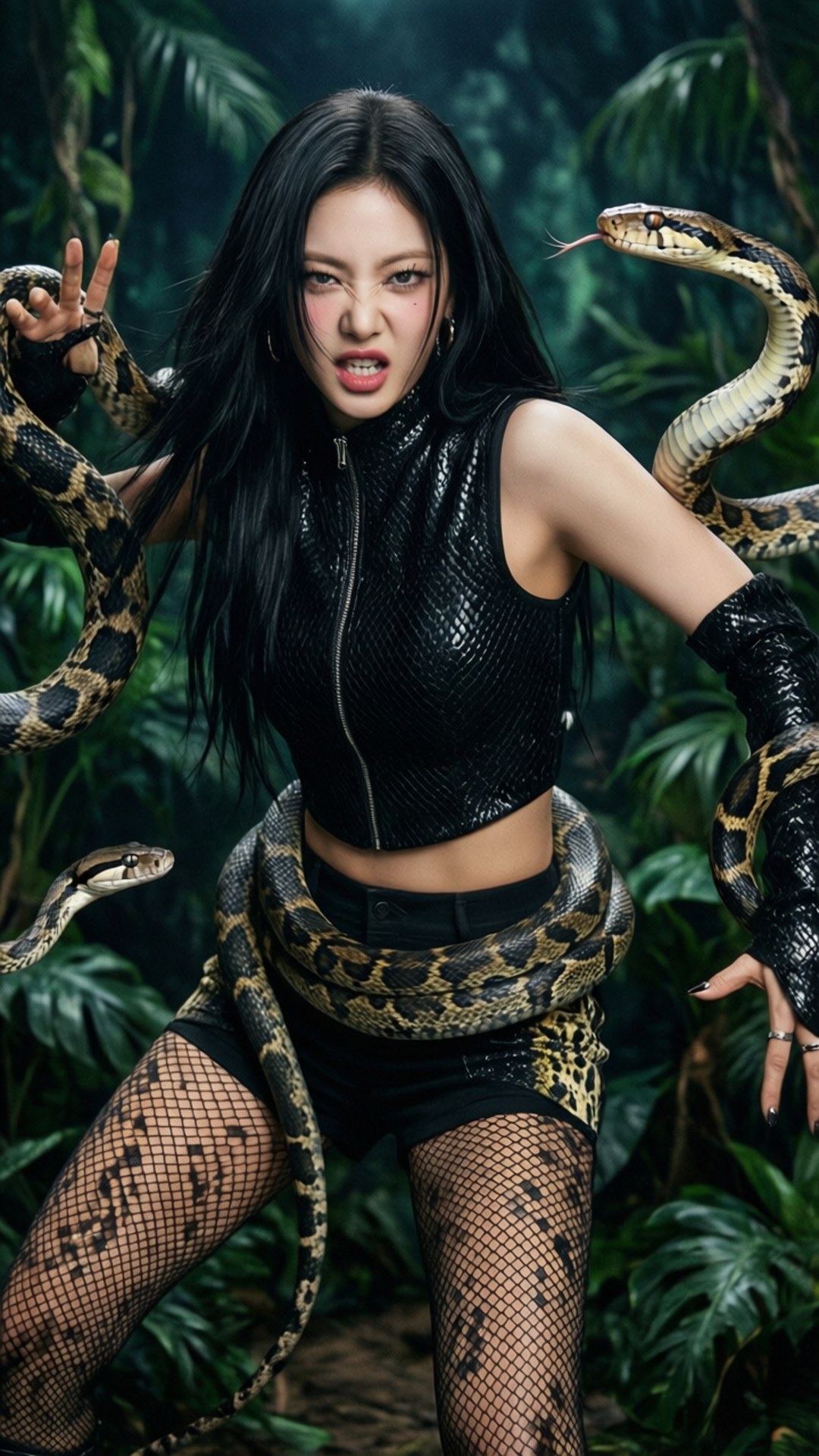 一位身穿黑色皮革和魚網的女性在叢林環境中被蛇包圍。