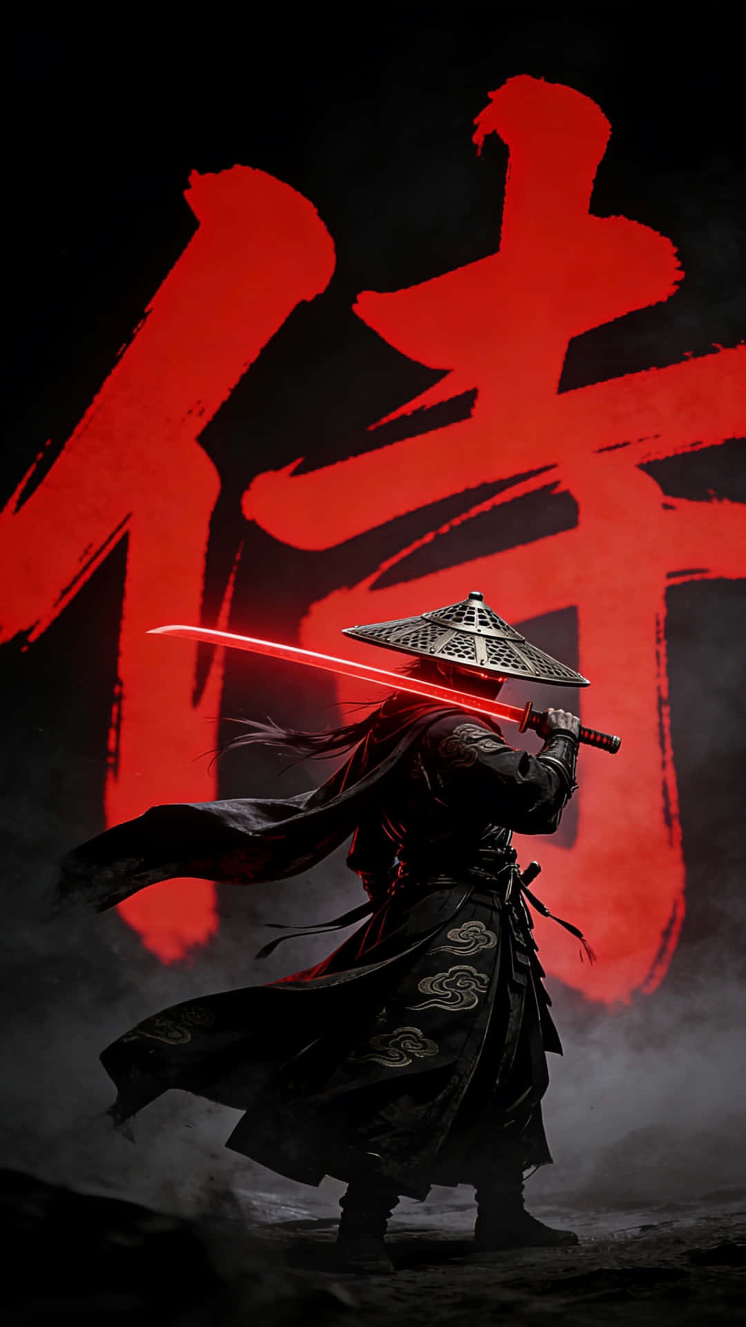 武士手持發光紅劍，站在黑暗煙霧場景中的巨大紅色漢字前