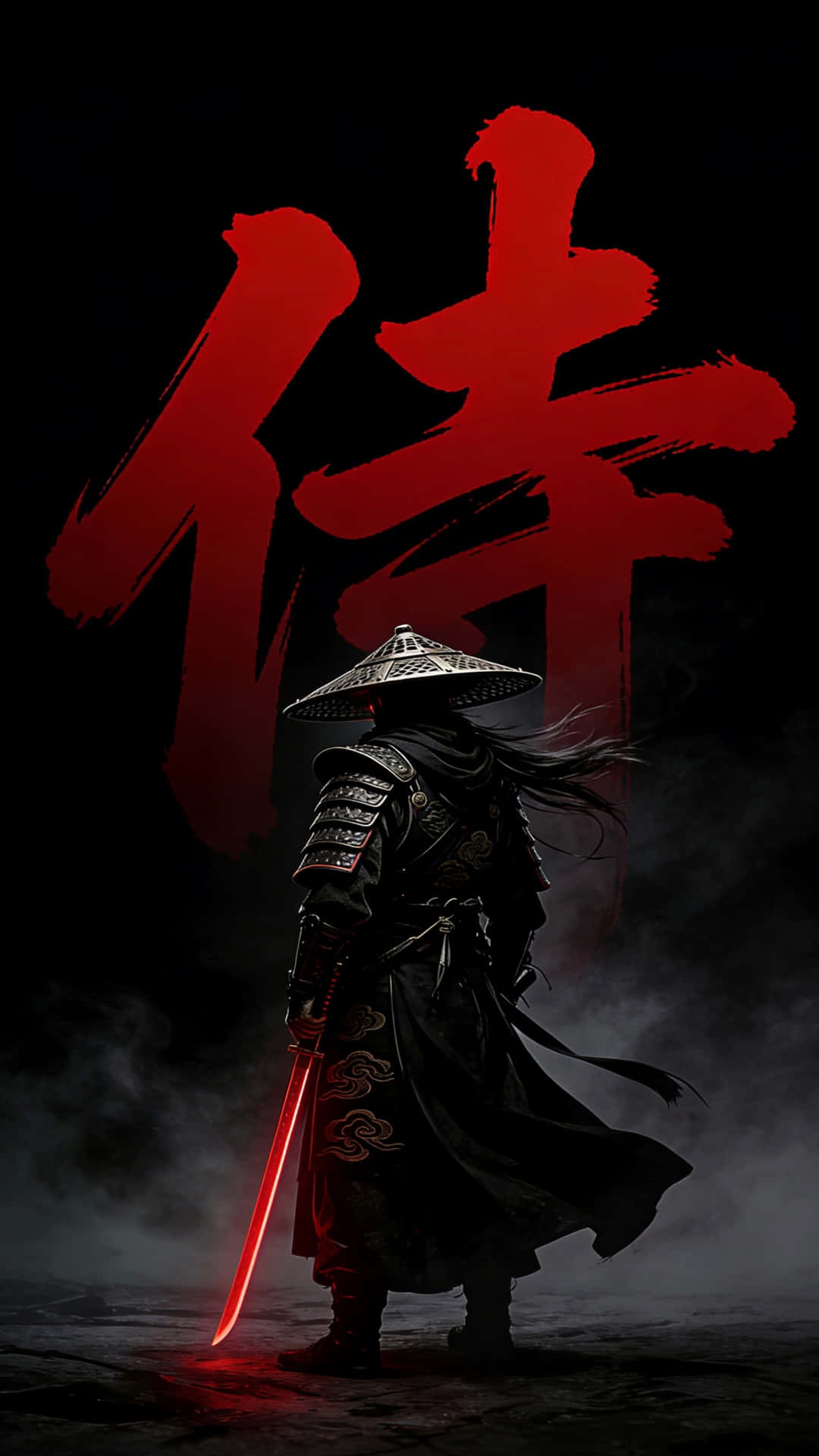 身穿黑色盔甲的武士，在一個大的紅色漢字下手持發光的紅色劍。