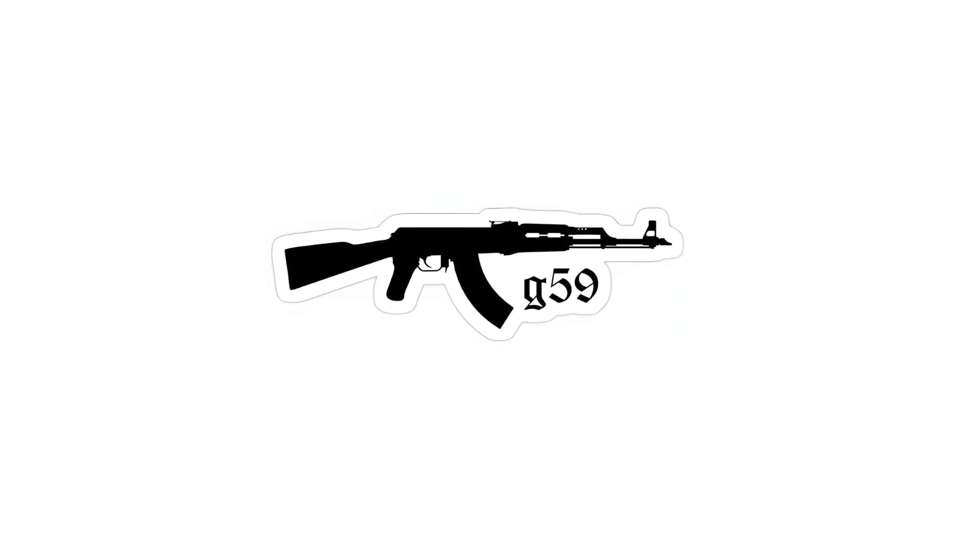  壁紙 — 白色背景上帶有「g59」文字的AK-47風格步槍黑色剪影貼紙。