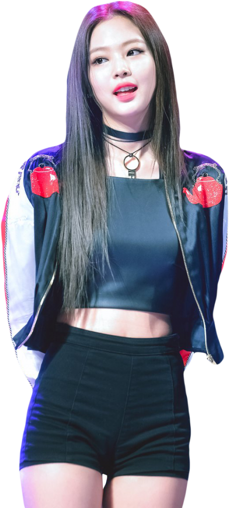 BLACKPINK成員舞台造型 壁紙 — 一位長黑髮的年輕女性身穿黑色露臍上衣和短褲，外搭帶有紅色蘋果補丁的飛行員夾克。