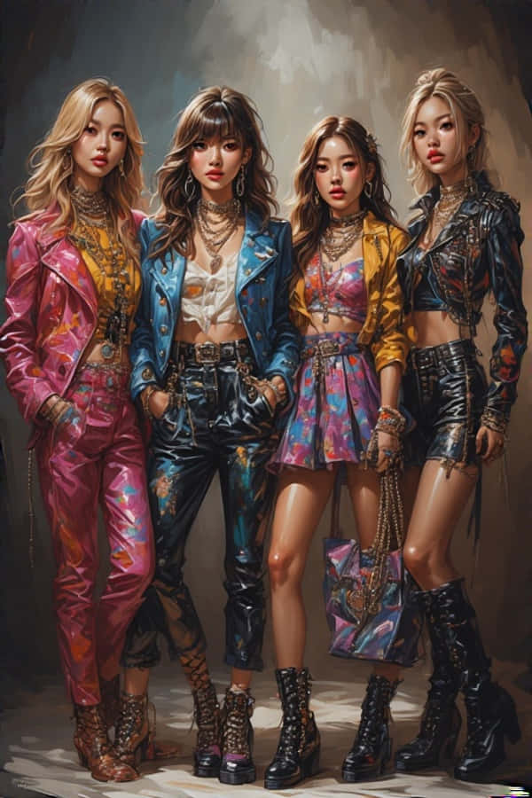韓國女團BLACKPINK 壁紙 — 四位時尚女性穿著鮮豔的金屬色服裝，在戲劇性的燈光下自信地擺姿勢。