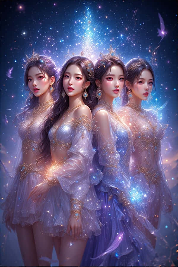 韓國女團BLACKPINK 壁紙 — 四位身穿閃爍薰衣草色長裙的飄逸女性，站在燦爛的藍色星爆下，伴隨著發光的蝴蝶。