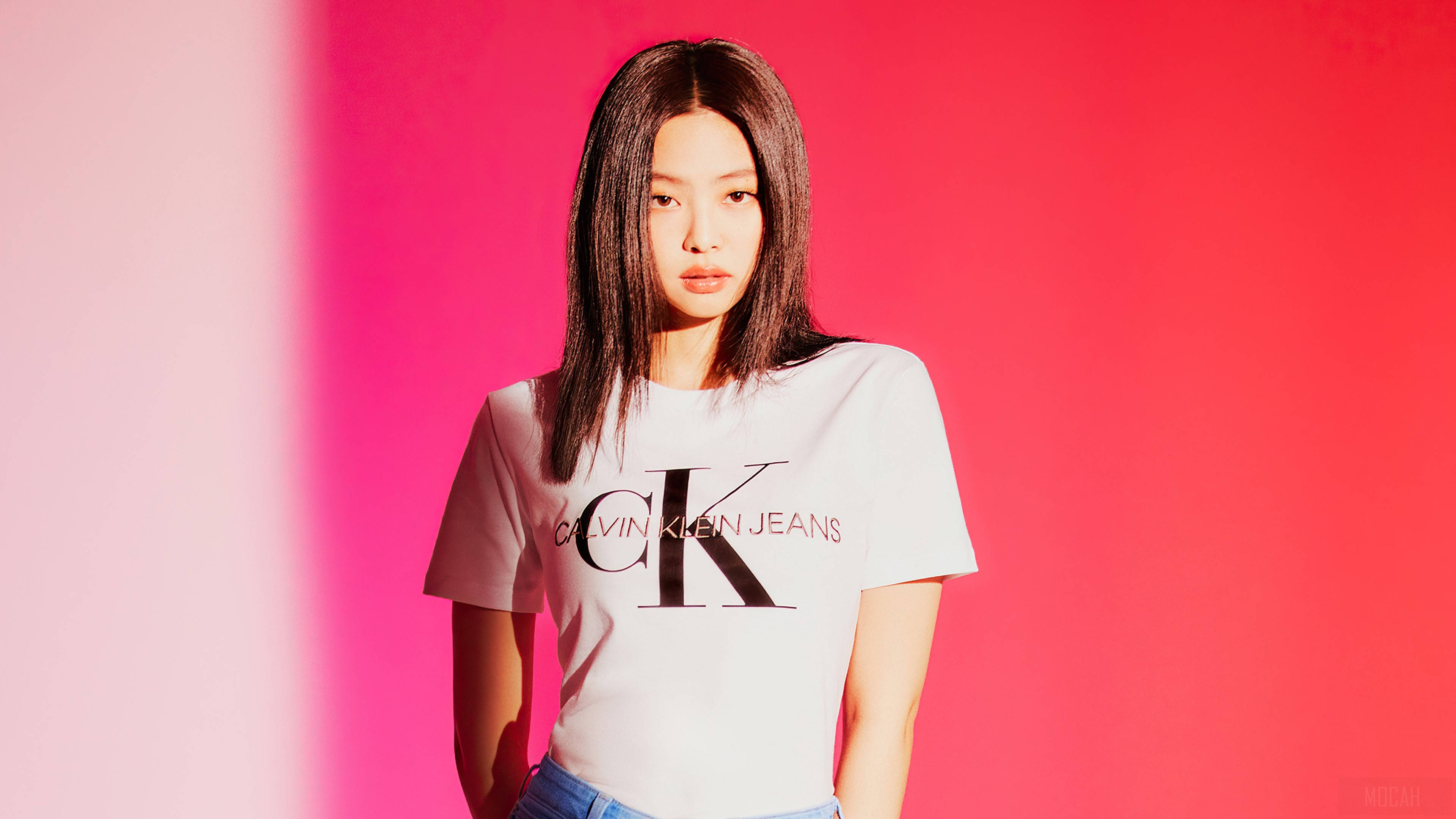 BLACKPINK Jennie Kim Calvin Klein 壁紙 — 一位身穿白色Calvin Klein Jeans T恤的女性站在充滿活力的粉紅和白色漸變背景前。