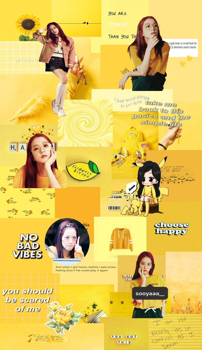 BLACKPINK Jisoo 黃色主題 Picsart 壁紙 — 充滿活力的黃色拼貼牆紙，展示一位年輕女性以各種姿勢與向日葵、檸檬、語錄和動漫元素。