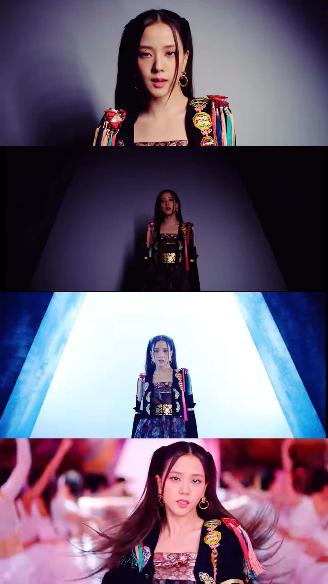 BLACKPINK Jisoo 現代韓服拼貼 壁紙 — 一位身穿華麗刺繡服裝的女性站在黑暗的走廊中，被明亮的藍光照亮，背景中有模糊的舞者。