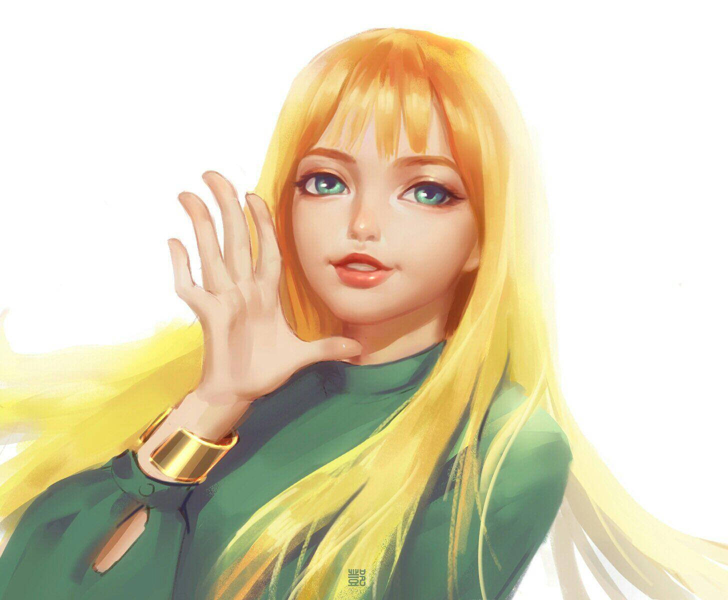 BLACKPINK LISA 卡通形象 壁紙 — 一位金髮碧眼的動漫女孩在純白色背景下穿著亮綠色上衣開心地揮手。