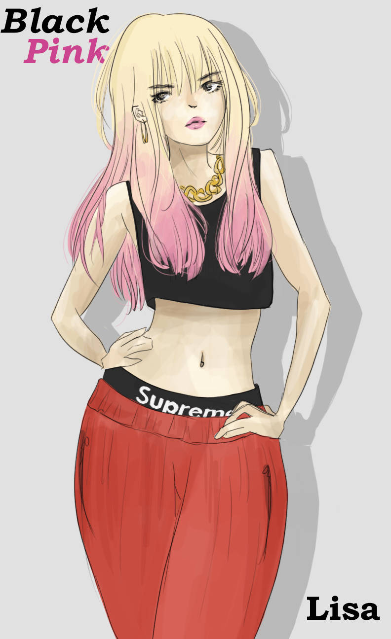 BLACKPINK LISA 粉絲創作 壁紙 — Black Pink 的 Lisa 動漫風格肖像，金髮到粉紅髮，穿著黑色露臍上衣和紅色 Supreme 褲子。