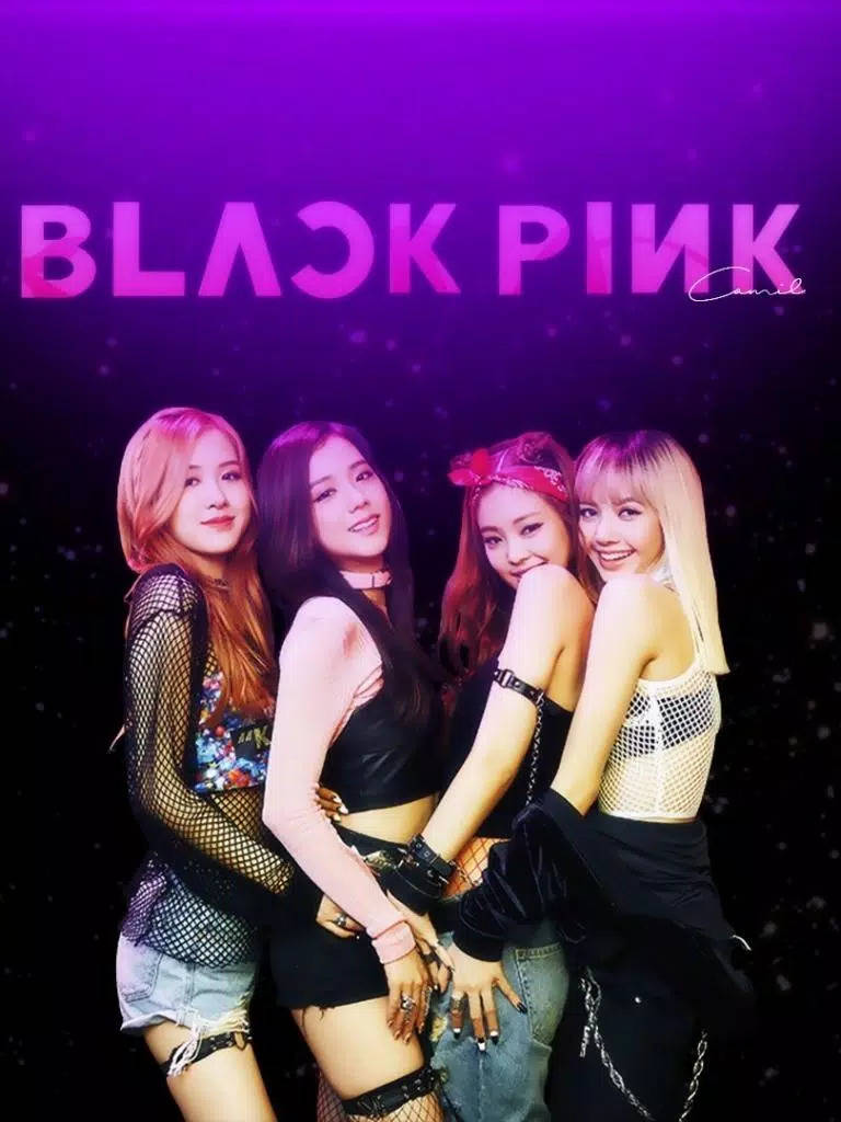 BLACKPINK Logo Boombayah 粉紅漸層 壁紙 — 四位時尚的K-pop偶像在閃爍的紫色背景前自信地擺姿勢，上方有 'BLACK PINK' 文字發光。