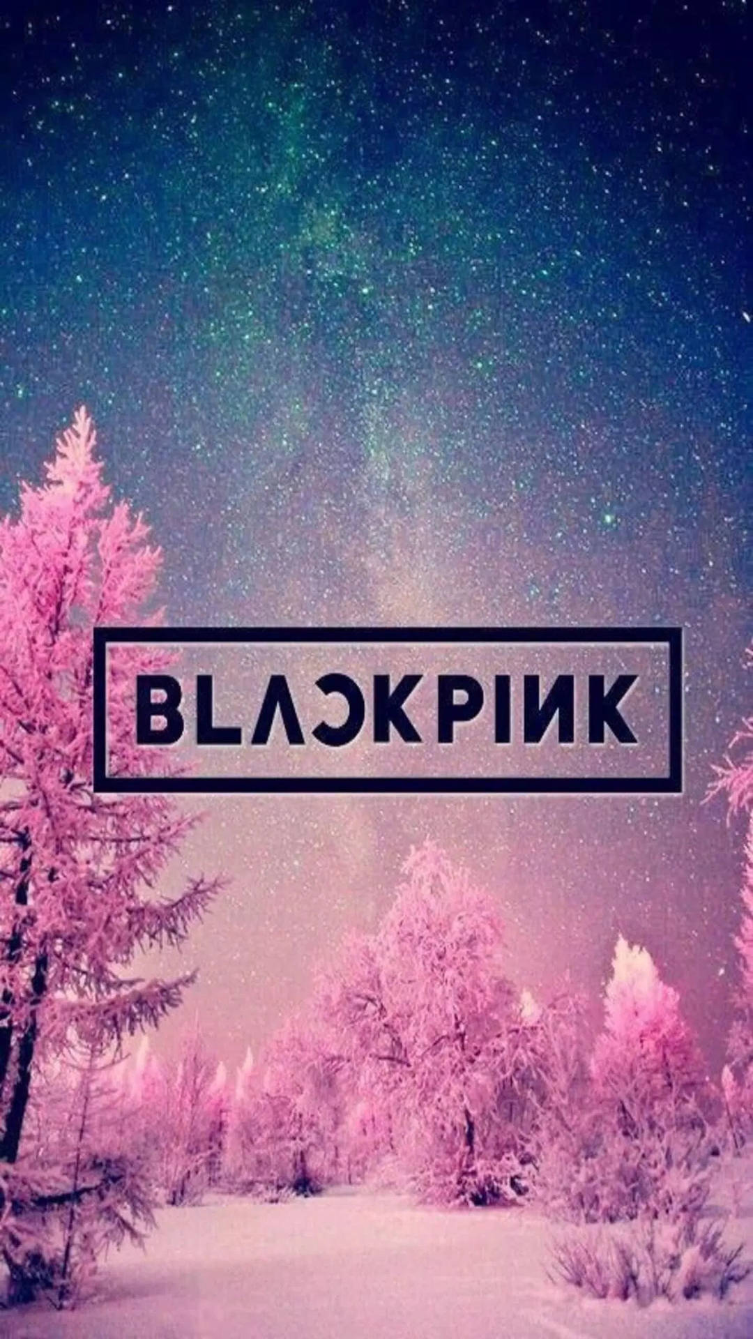 BLACKPINK Logo 覆蓋粉紅雪林 壁紙 — 粉紅色的霜凍樹木，在星光閃爍的藍綠色和紫色夜空下，帶有「BLACKPINK」文字疊加。