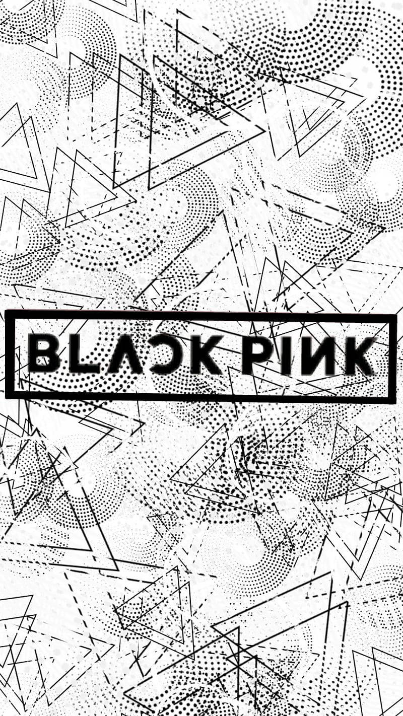 BLACKPINK Logo 黑白幾何背景 壁紙 — 大膽的黑白幾何牆紙，帶有重疊的三角形、半色調點和中央的'BLACKPINK'文字。