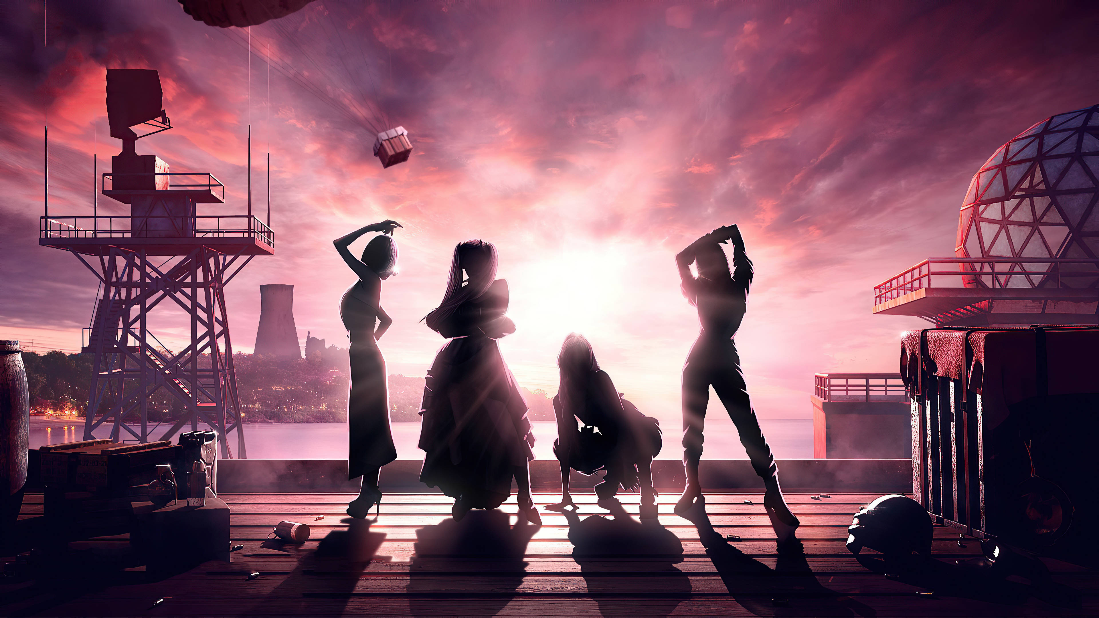 BLACKPINK PUBG小隊剪影海報 壁紙 — 剪影人物在木製平台上戲劇性地擺姿勢，背景是火熱的粉紅和橙色日落天空，還有工業結構和漂浮的立方體。