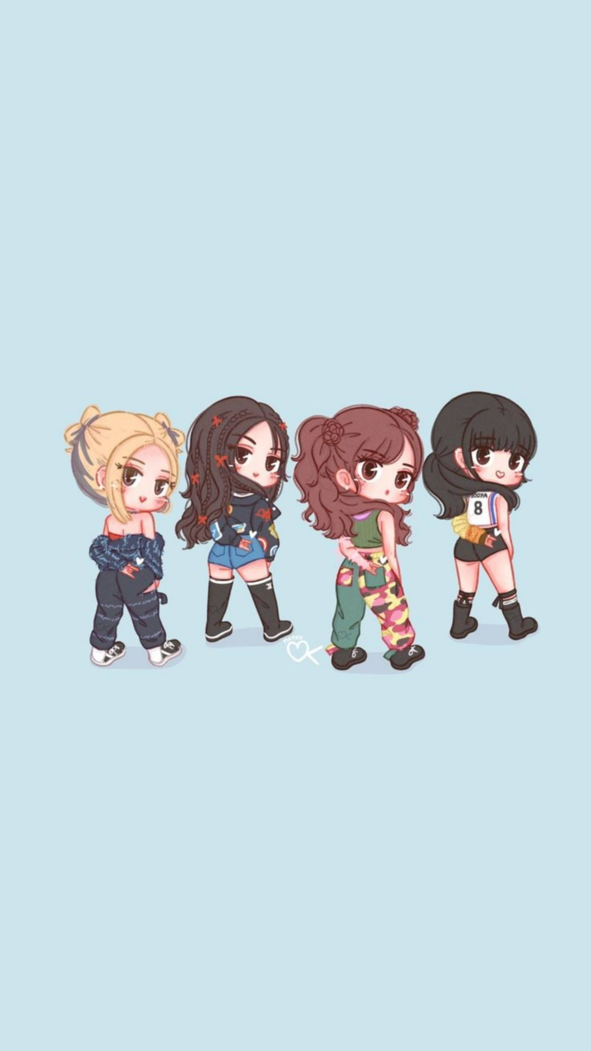 BLACKPINK 卡通 Q 版壁紙 壁紙 — 四個穿著休閒服裝的Q版動漫女孩並排站在柔和的藍色背景前。