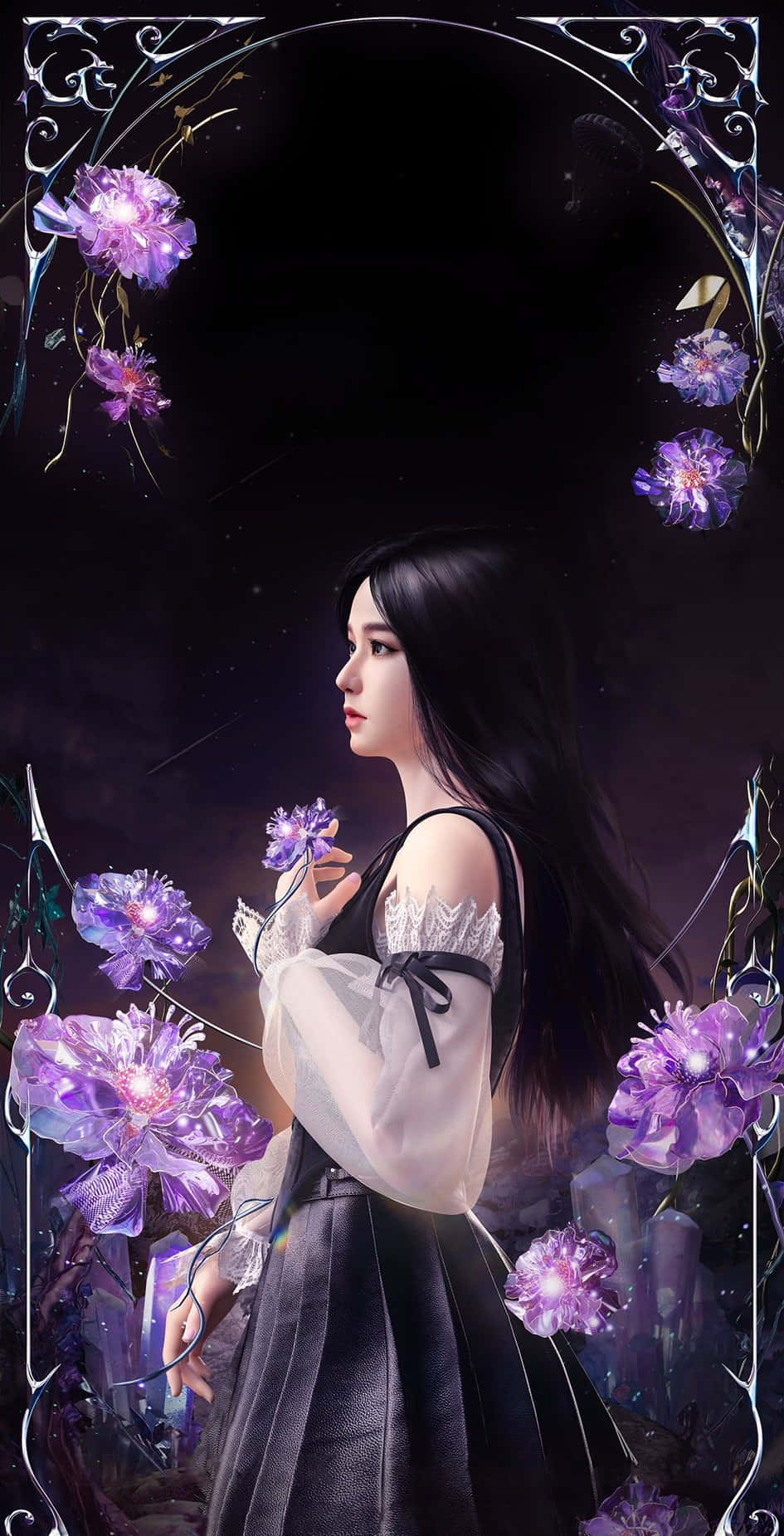 BLACKPINK《Ready For Love》專輯封面 - Jisoo 动漫版 壁紙 — 一位優雅的動漫女孩，長長的黑髮，在黑暗華麗的拱門下拿著發光的紫色花朵。