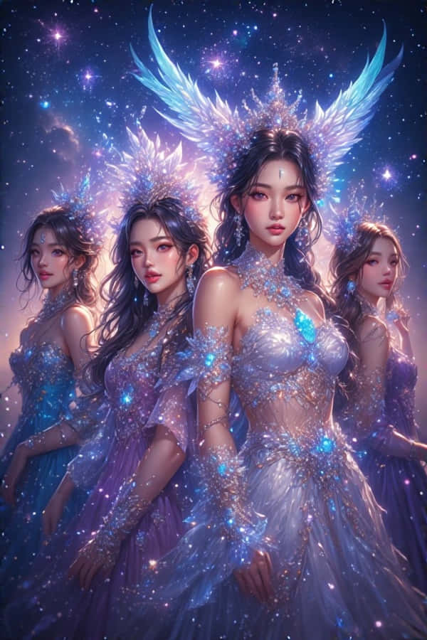韓國女團BLACKPINK 壁紙 — 四位天界存在，擁有發光的藍色翅膀和星塵長袍，站在充滿閃爍星星的宇宙夜空前。