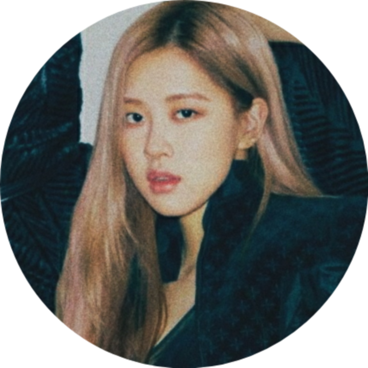 BLACKPINK成員奢華造型 壁紙 — 一個圓形肖像，一位年輕女性留著長長的金髮，穿著深色圖案外套，背景模糊。