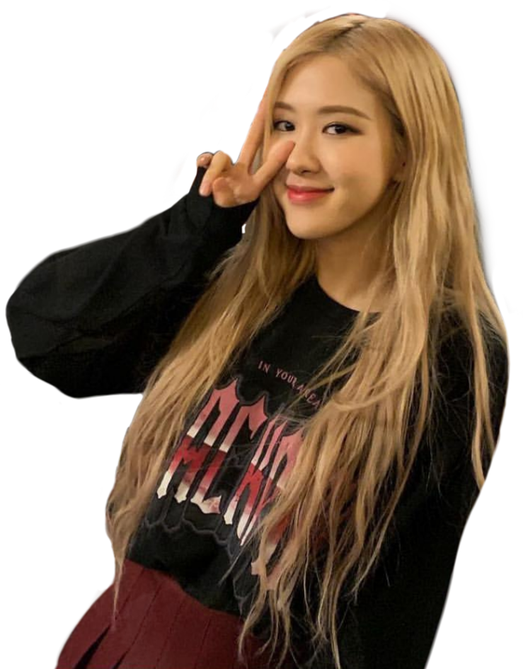 BLACKPINK成員和平手勢 壁紙 — 一位長金髮的年輕女性在黑色背景前微笑並做出和平手勢。