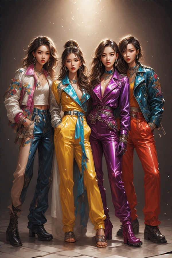 韓國女團BLACKPINK 壁紙 — 四位時尚女性穿著鮮豔的金屬色服裝，在黑暗的攝影棚中自信地站在戲劇性的聚光燈下。