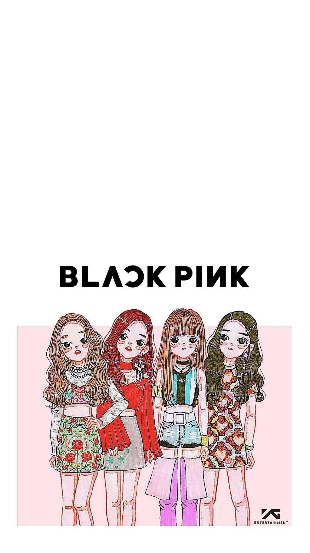 四個插圖化的Black Pink成員穿著色彩繽紛的服裝在粉紅色背景上。
