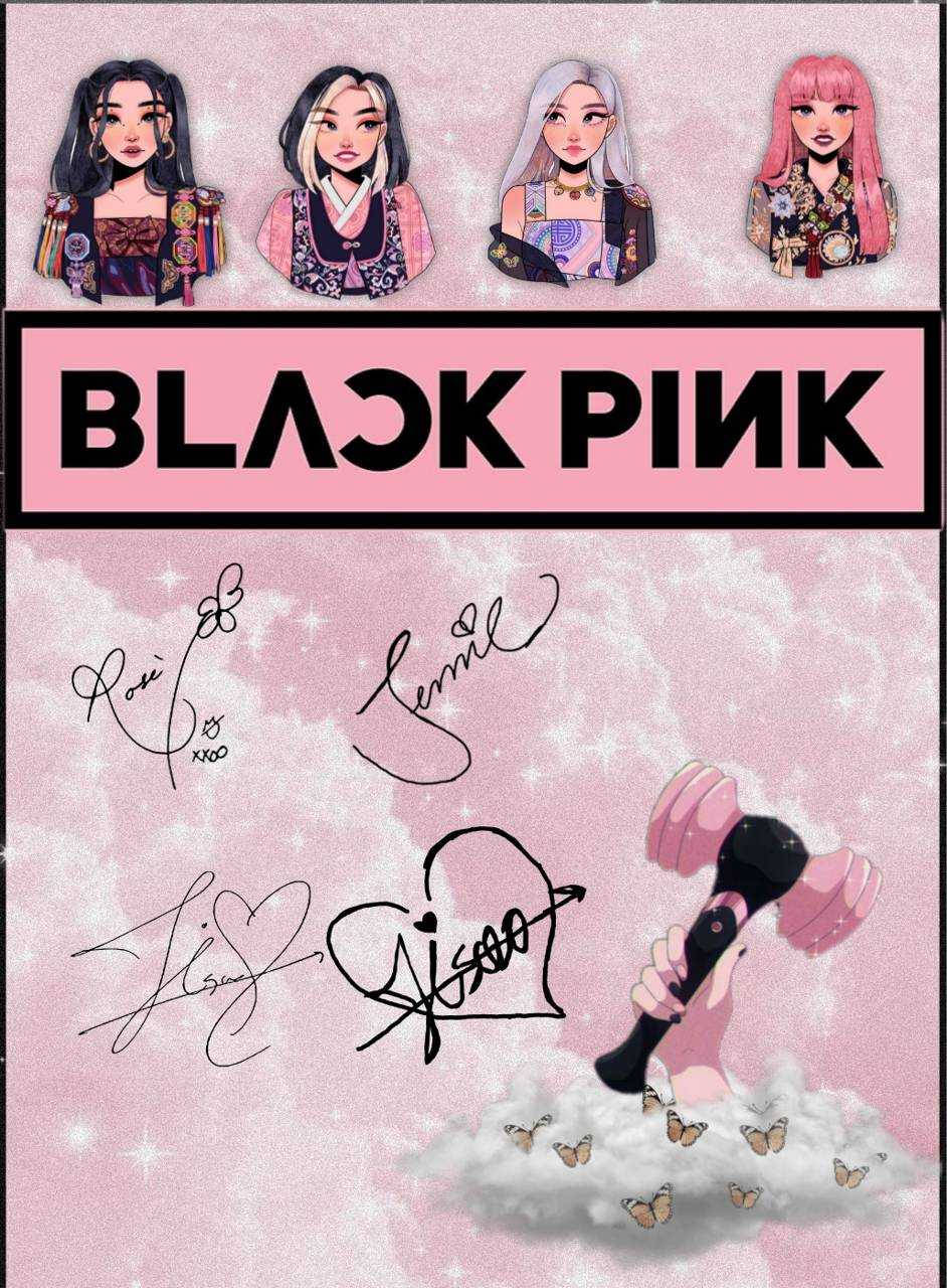 BLACKPINK成員在粉紅色閃亮背景上以簽名和麥克風插圖呈現。