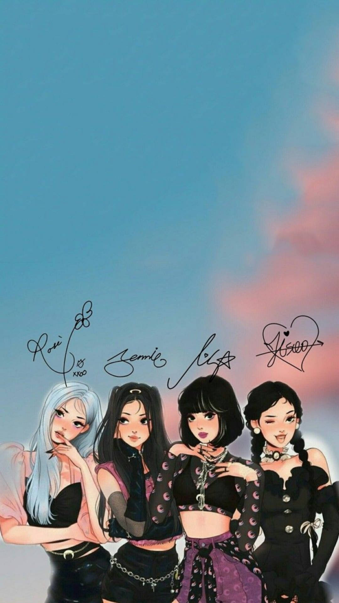 四個動漫風格的K-pop女孩穿著深色服裝，在柔和天空下，帶有手寫名字。