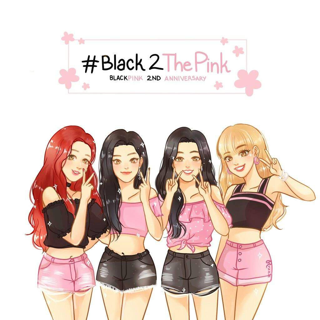 四個微笑的動畫風格女孩穿著粉紅色和黑色服裝，慶祝Blackpink的2週年。