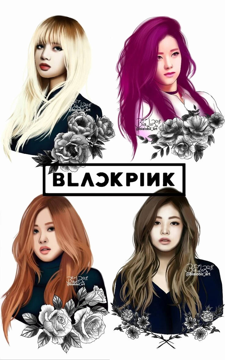 BLACKPINK 成員展現精緻花卉粉絲藝術 壁紙 — 四個插圖K-pop偶像，頸上戴著花環，背景為白色。