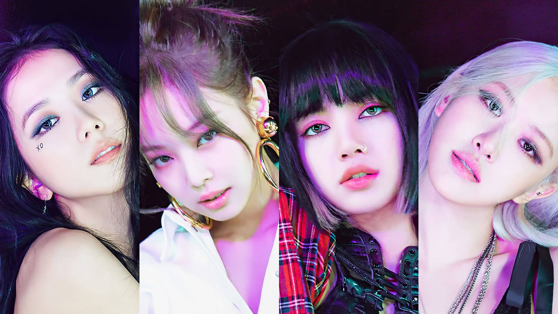 BLACKPINK 成員近照拼貼電腦桌面壁紙 壁紙 — 四位時尚女性，妝容大膽，霓虹燈光鮮豔，在華麗的攝影棚肖像中擺姿勢。