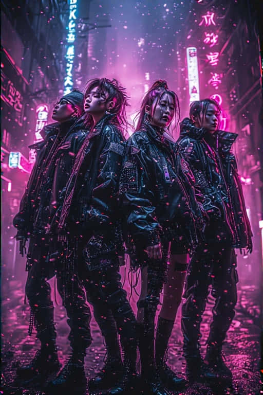 四個穿著皮革的賽博龐克青少年站在霓虹燈照亮的雨中小巷。