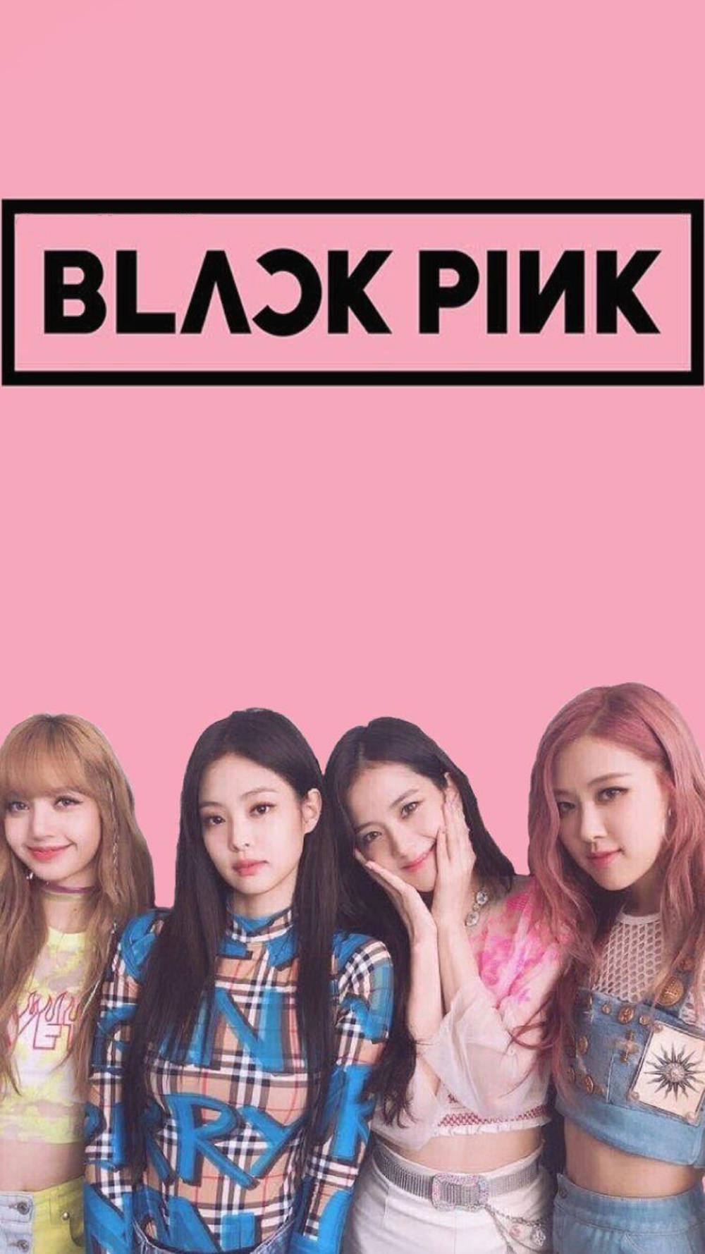 Black Pink 樂隊成員在粉紅色背景前穿著色彩繽紛的服裝擺姿勢。