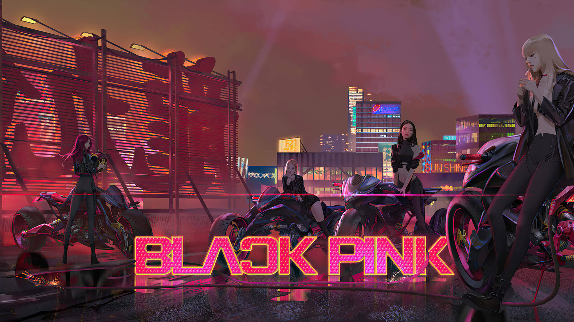 BLACKPINK 機車風格數位藝術電腦桌面壁紙 壁紙 — 四位動漫風格女性與電單車在夜晚霓虹燈點亮的賽博龐克城市景觀前擺姿勢。