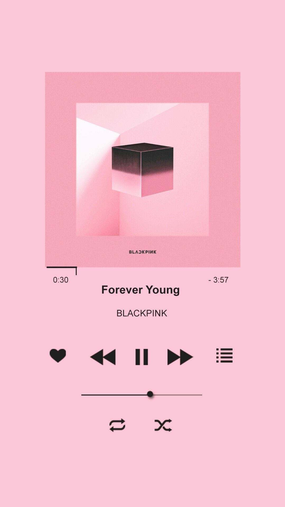 簡約粉紅色音樂播放器，顯示BLACKPINK的Forever Young專輯封面和播放控制。