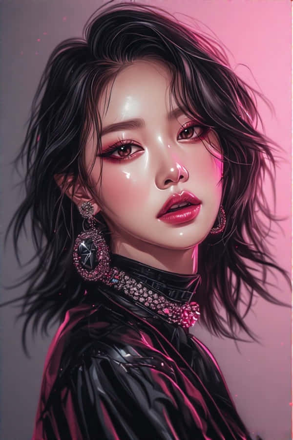 受BLACKPINK風格啟發的K-pop偶像 壁紙 — 一位深色頭髮、大膽紅唇的迷人女性，在粉紅色燈光下穿著閃亮的黑色服裝和閃閃發光的珠寶。