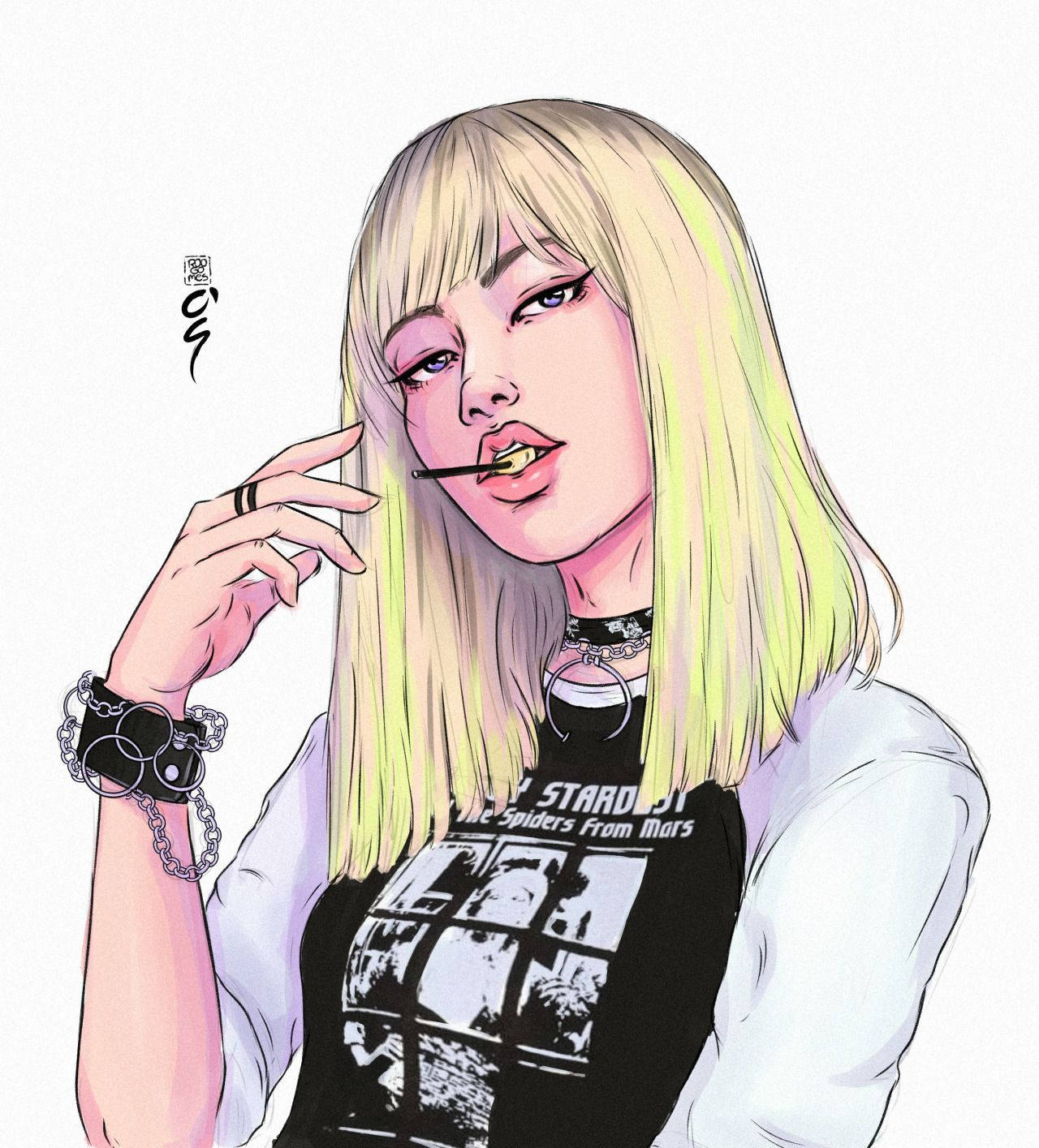 Blackpink動漫版Lisa細節畫 壁紙 — 一個風格化的動漫女孩，金髮藍眼，穿著圖案T恤和鏈條飾品，正在抽煙。