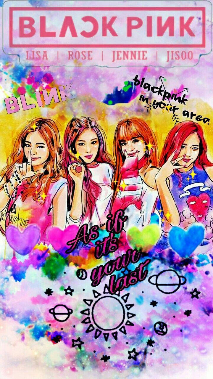 Blackpink成員以色彩繽紛的水彩風格，搭配心形和太空圖案。