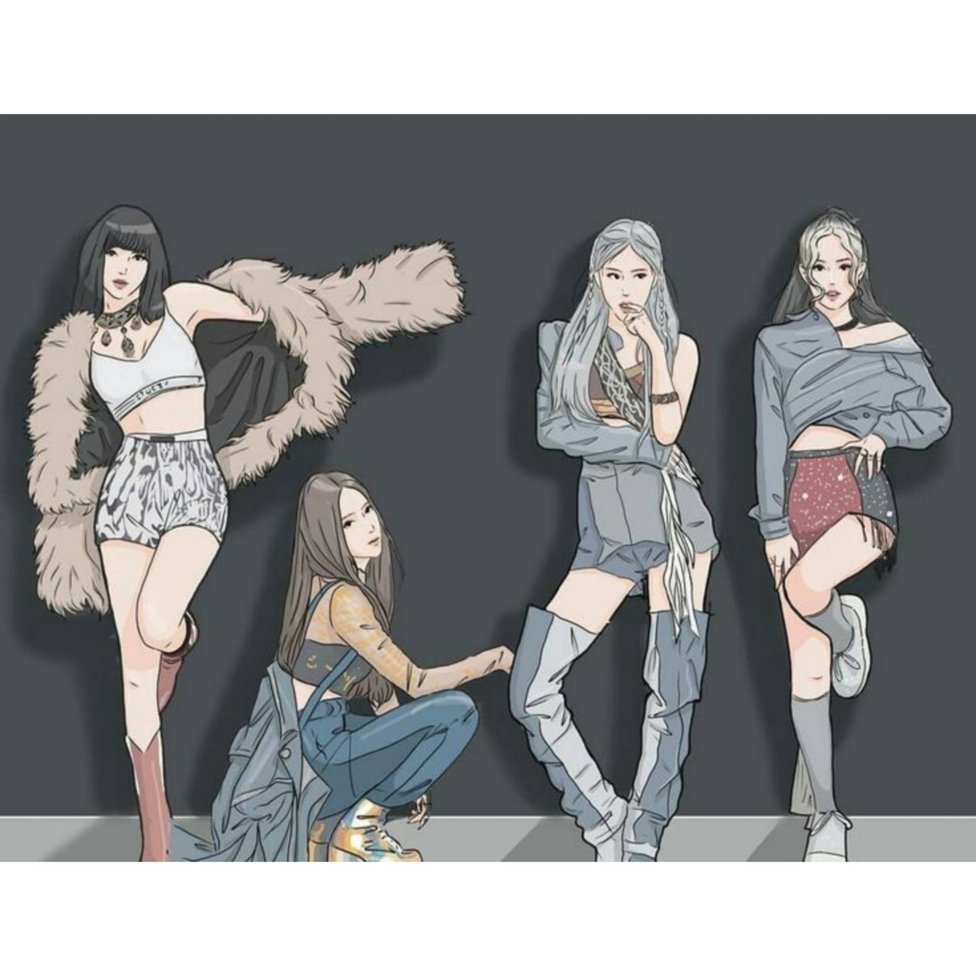 四位動漫女孩穿著時尚服裝在灰色牆壁前擺姿勢。