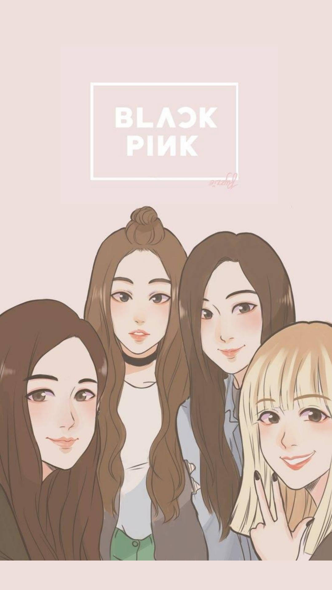 四位長髮動漫風格微笑女孩，一位揮手，下方有'BLACK PINK'文字。