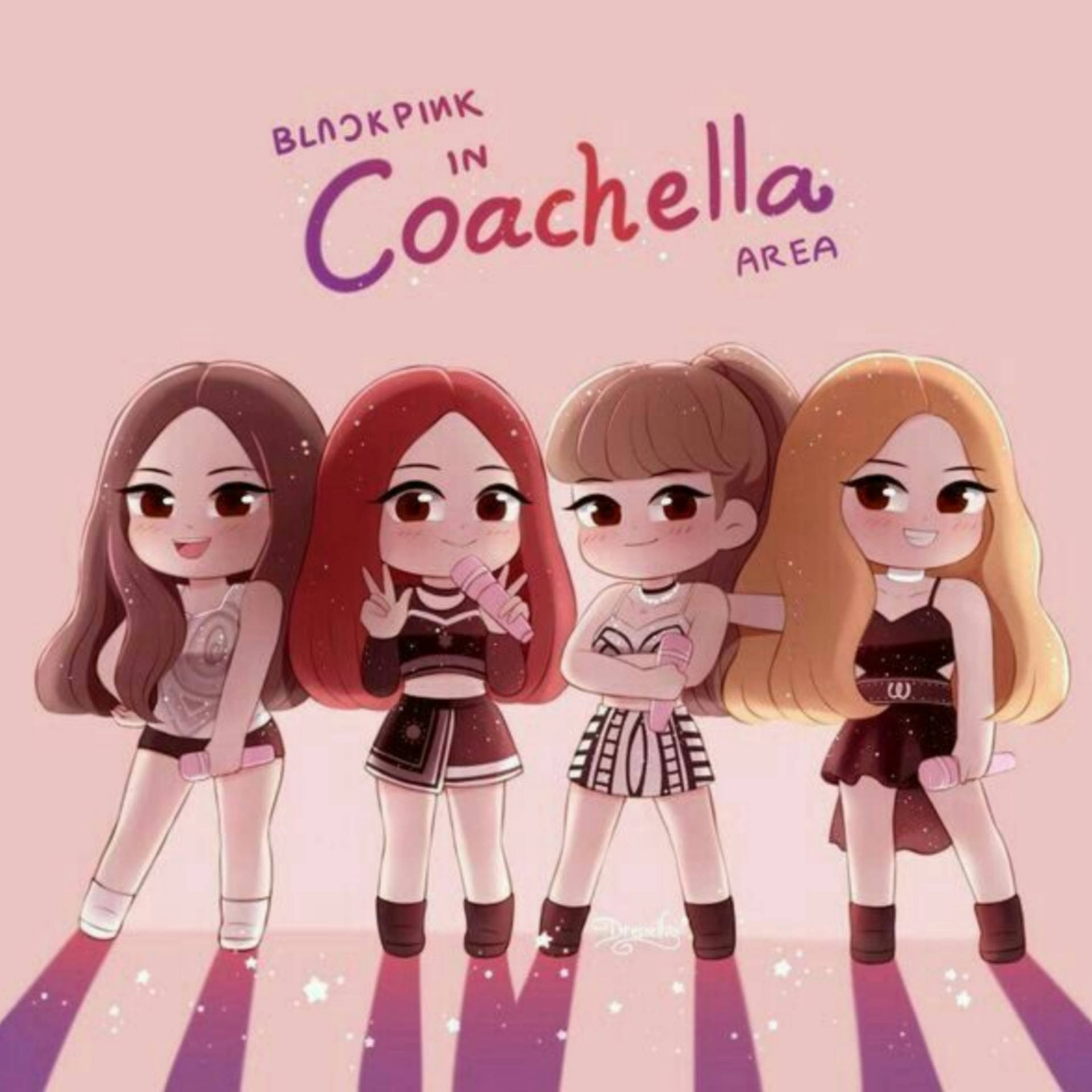 BLACKPINK動畫版Coachella 壁紙 — 四位Q版Blackpink成員身穿演唱會服裝，在粉紅色背景前開心擺姿勢，背景有Coachella文字。