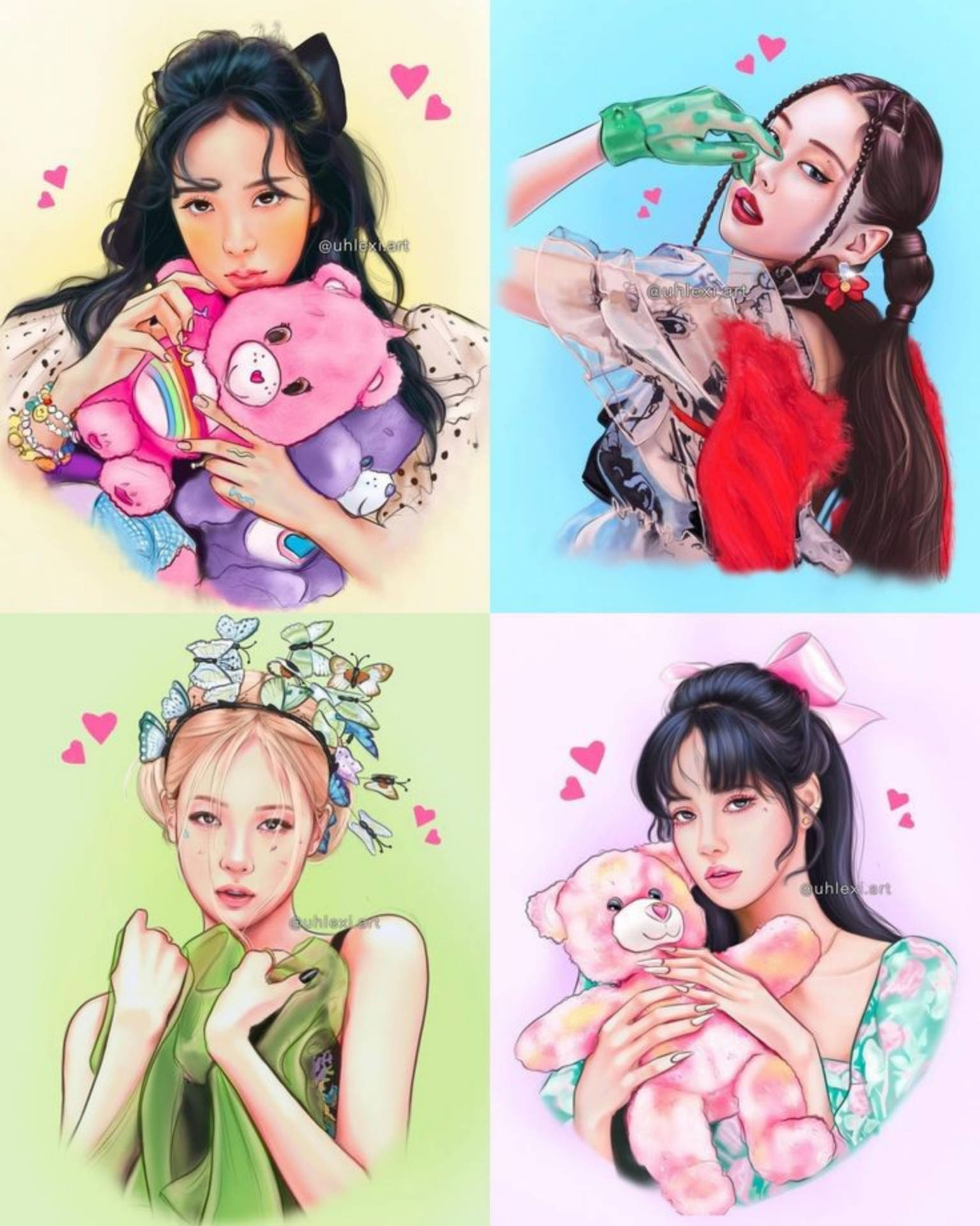 BLACKPINK動畫版可愛女孩 壁紙 — 四個年輕女性與泰迪熊和夢幻心形的插圖肖像，背景為粉彩色。