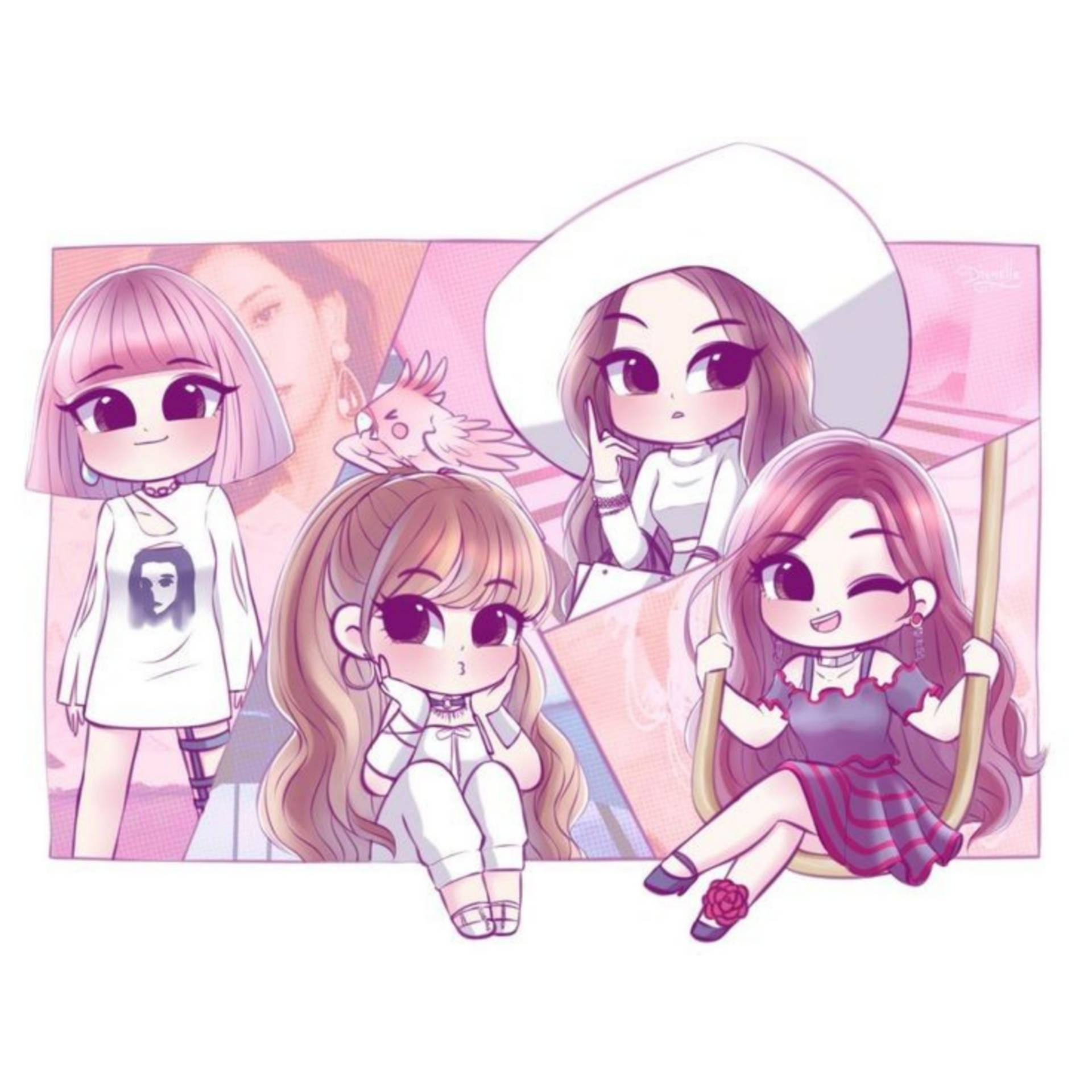 四個粉紅色頭髮、大眼睛的Q版動畫女孩俏皮地擺姿勢。