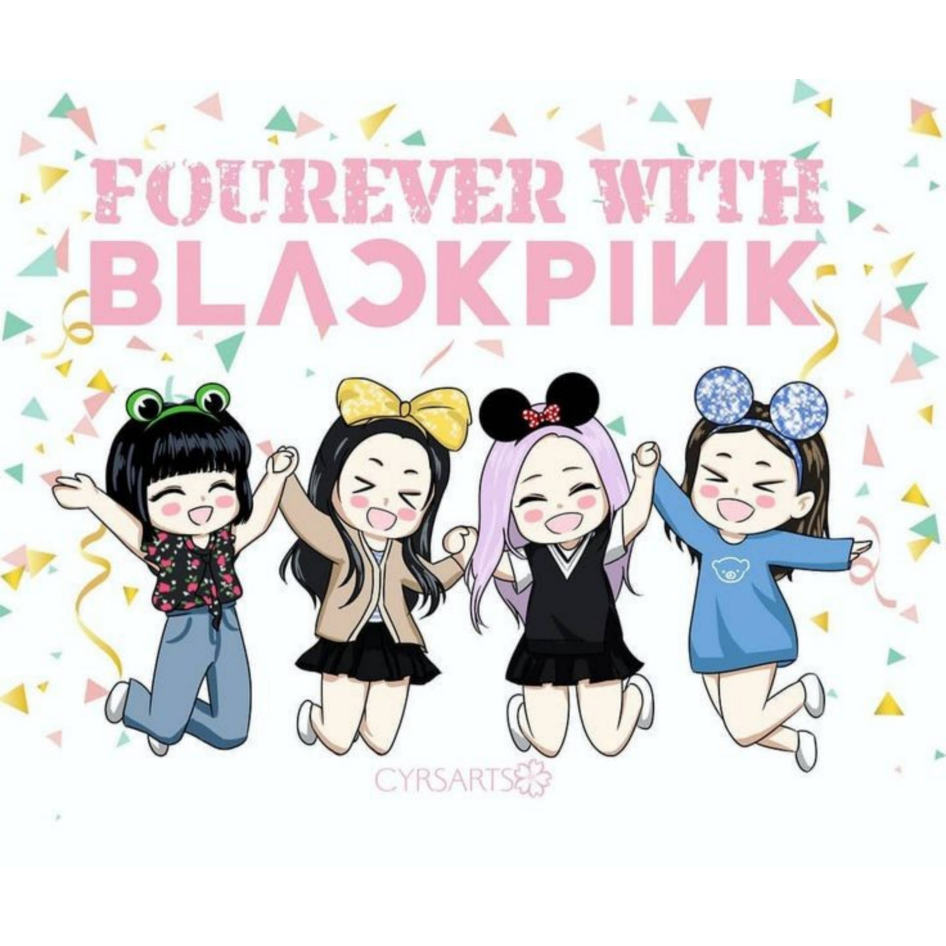 四位動畫Blackpink成員以紙屑和歡樂表情慶祝。
