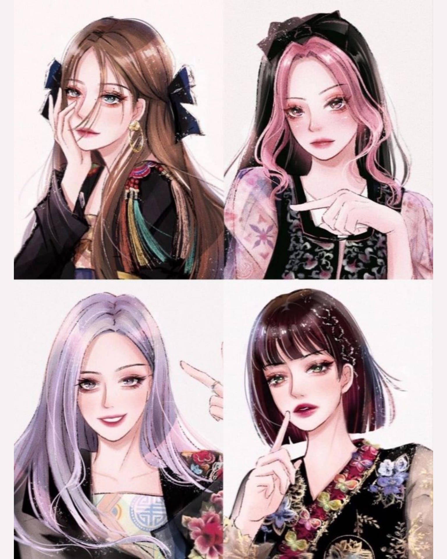 四個插圖動漫女孩，頭髮顏色和姿勢各異。