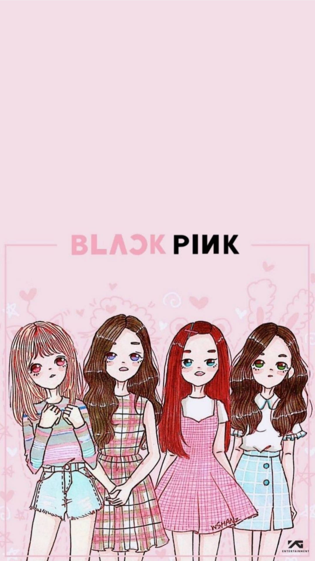 四個插畫風格嘅K-pop女仔著住粉彩色衫，有心形同BLACK PINK文字。