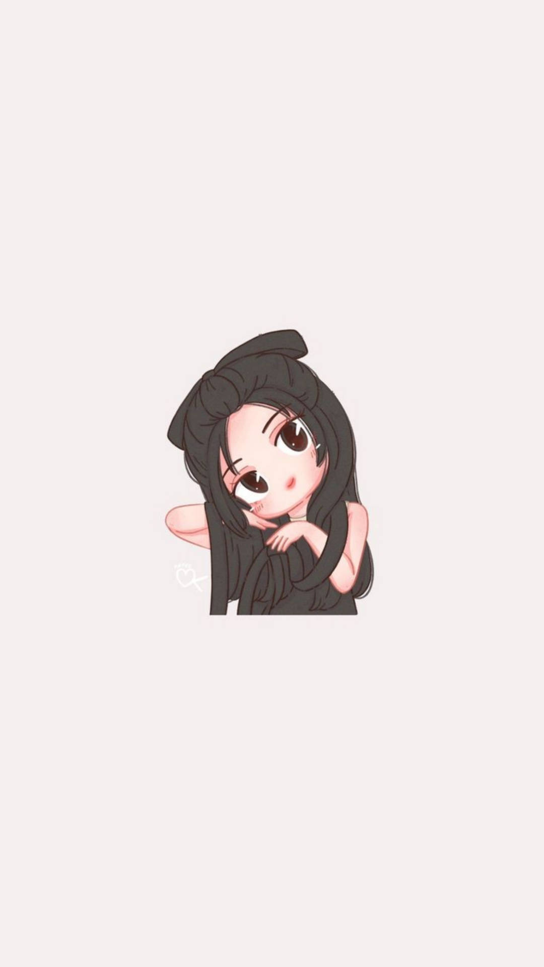 BLACKPINK動畫版視覺Jisoo 壁紙 — 一個可愛的動漫女孩，長長的黑髮和大眼睛，在柔和的米色背景上從她的手後面頑皮地偷看。
