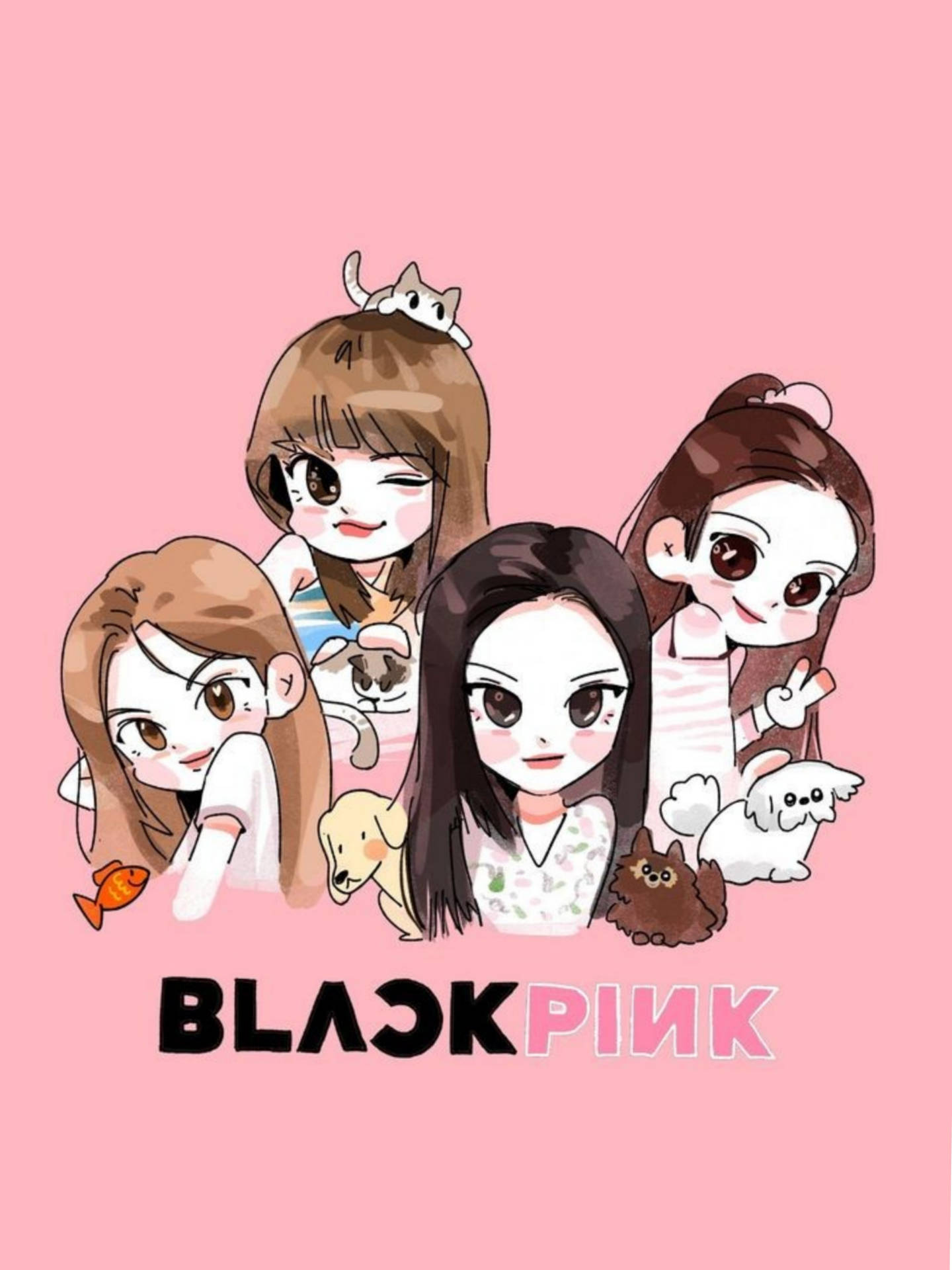 BLACKPINK動畫與寵物 壁紙 — 四個Q版Blackpink成員與可愛動物在純粉紅色背景上。