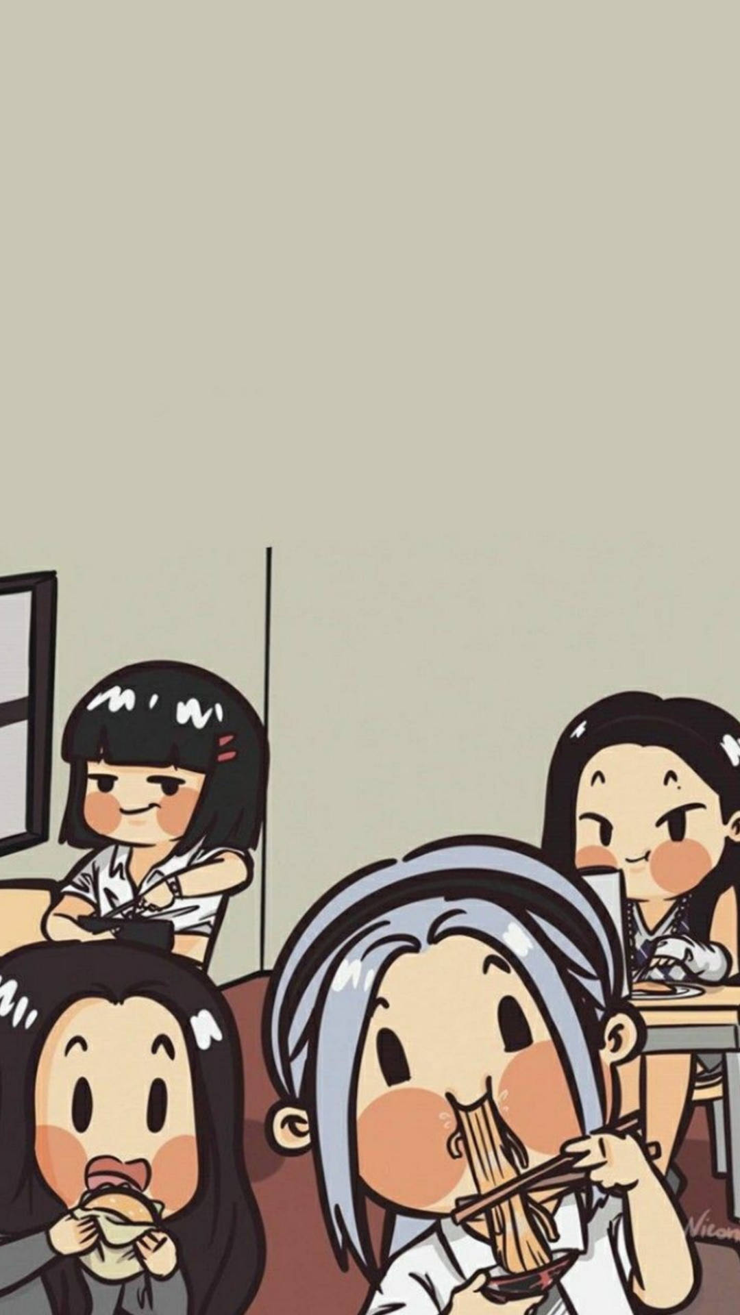 BLACKPINK卡通用餐 壁紙 — 四個可愛動漫女仔喺舒適嘅室內環境開心咁食緊麵同餃子。