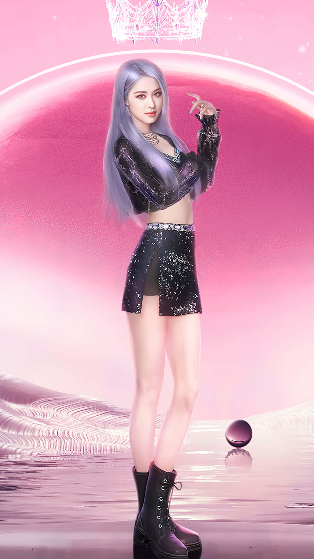 BLACKPINK演唱會的動感魅力 壁紙 — 一位迷人的動漫女孩，擁有薰衣草色頭髮和黑色亮片服裝，自信地站在發光的粉紅色圓頂下，頭頂有皇冠。