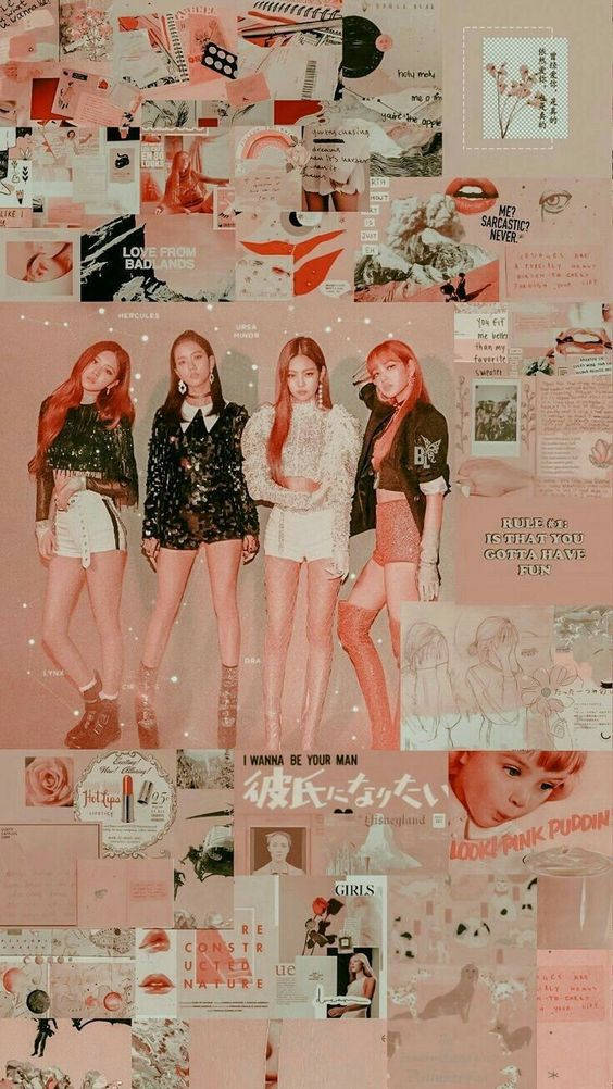 BLACKPINK玫瑰金美學 壁紙 — 粉紅色調的拼貼牆紙，四位時尚女性被散落的照片、語錄和塗鴉包圍。