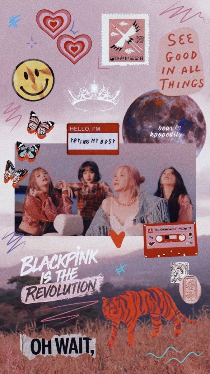 一幅色彩繽紛的拼貼畫，以粉彩背景襯托，包含 BLACKPINK 成員和流行文化貼紙。