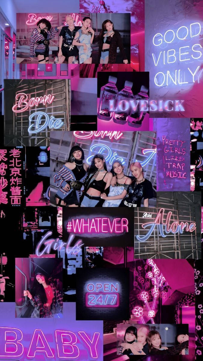 霓虹燈照亮K-pop偶像拼貼畫，帶有粗體文字和城市夜生活氛圍。